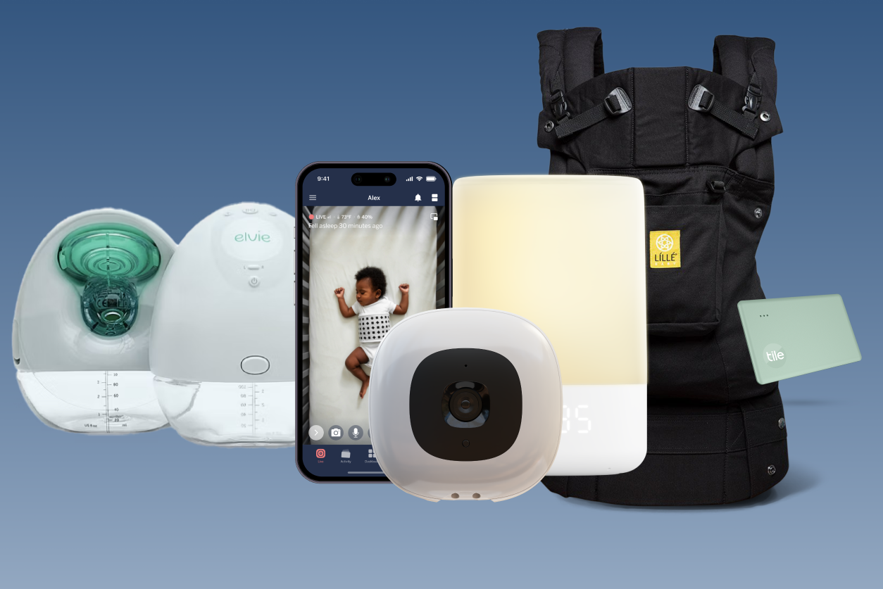 collage of gifts for new parents including elvie pump, nanit baby monitor, nanit sound + light machine, baby carrier, and tile slim tracker