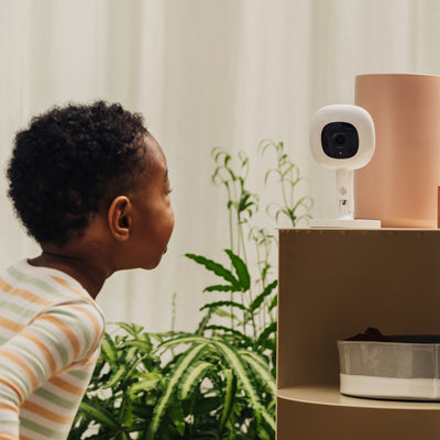 toddler looking at pro baby monitor + flex stand on shelf