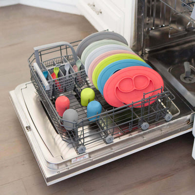 ezpz mini feeding set, tiny spoon, tiny fork, and tiny cup in dishwasher