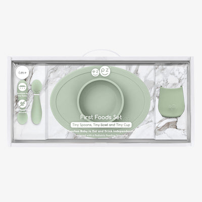 ezpz first foods set packaging (with tiny spoons, tiny bowl and tiny cup) in sage 