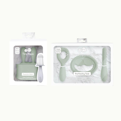 ezpz tiny pops in sage packaging (popsicle mold - infant feeding tool) and ezpz oral development tools in sage packaging (pre-feeding tools - helps babies and toddlers develop their feeding, munching, biting and chewing skills) 