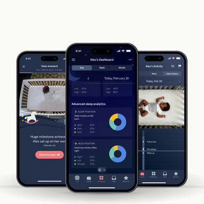Three phones showing Nanit app screenshots with dashboard, video history, and milestone achievement 