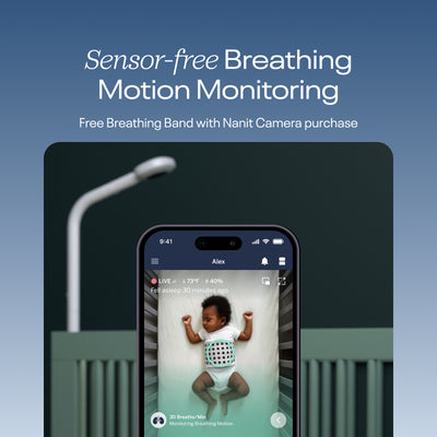 Image of sensor-free breathing motion monitoring (free breathing band with Nanit Camera purchase) - baby wearing nanit breathing band on nanit app with tracking 