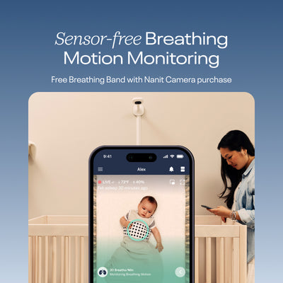 Image of sensor-free breathing motion monitoring (free breathing band with Nanit Camera purchase) - baby wearing nanit breathing band on nanit app with tracking 