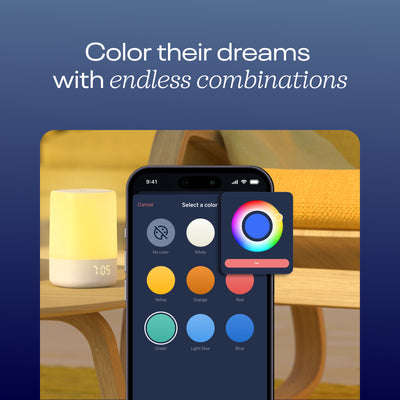 Color their dreams with endless combinations - showing different color selection on Sound +Light app with Sound + Light Machine on the background