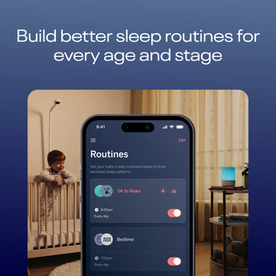 Build better sleep routines for every age and stage - showing routines screen from Sound + Light app. Toddler in crib looking at Sound + Light with Baby Monitor w/ Floor Stand looking down at crib