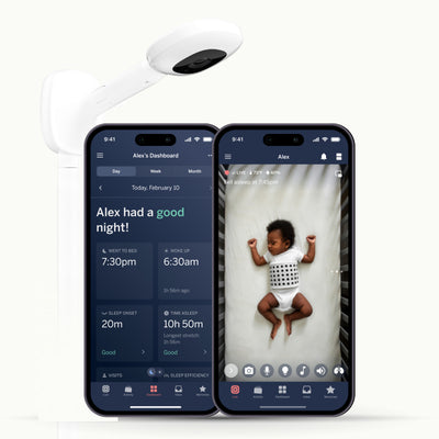 pro baby monitor + wall mount with two phones showing nanit app of dashboard and live screen 
