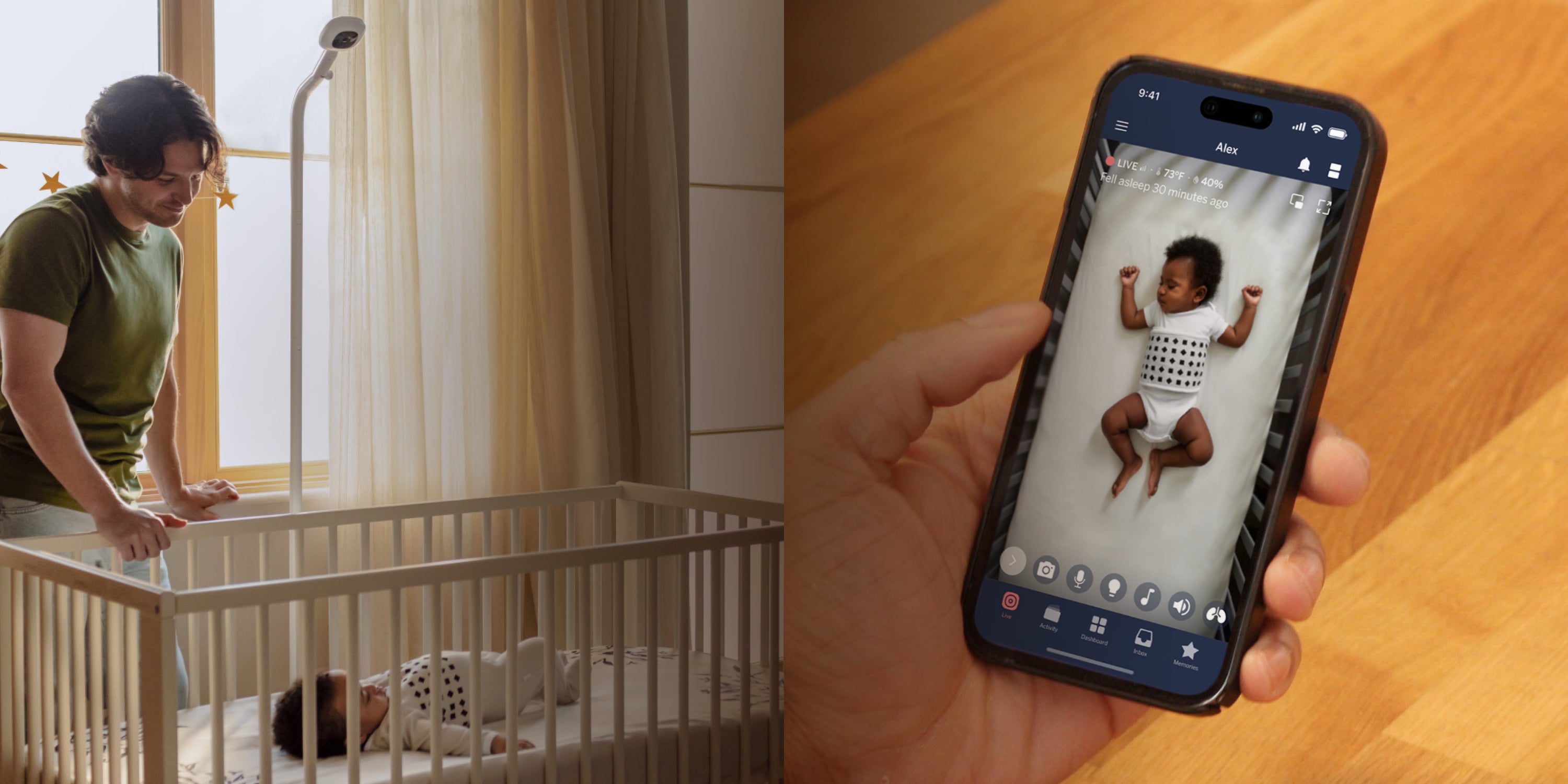 A dad checks nanit baby monitor on their phone, showing a sleeping infant in a crib beside a sunlit window with nanit pro floor stand behind crib.