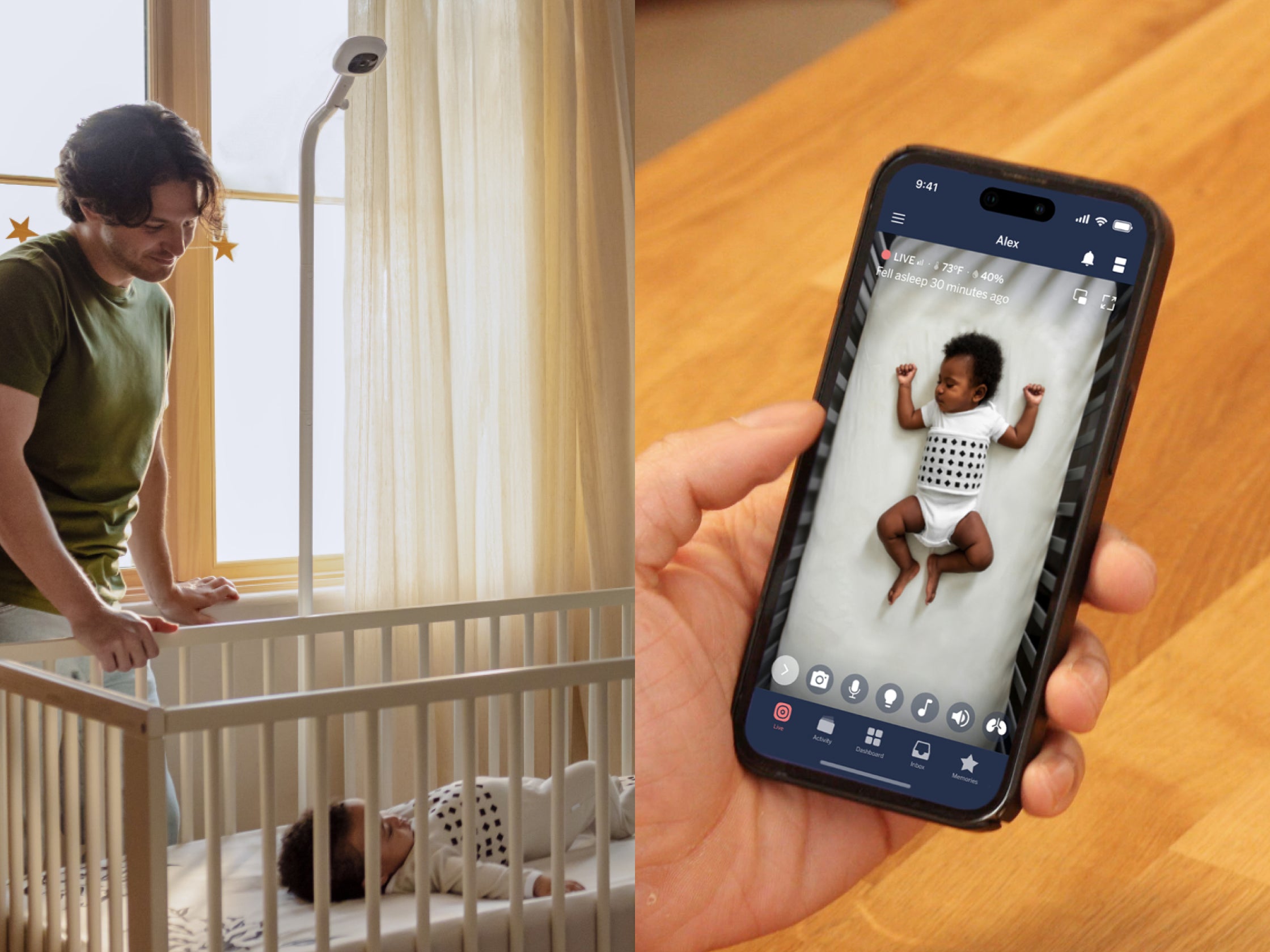 A dad checks nanit baby monitor on their phone, showing a sleeping infant in a crib beside a sunlit window with nanit pro floor stand behind crib.