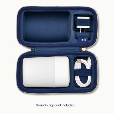 inside nanit sound + light travel case with Nanit Sound + Light and charger inside