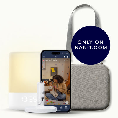 flex stand, nanit sound + light, nanit app, traveling light case in heather gray oxford 