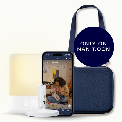 flex stand, nanit sound + light, nanit app, traveling light case in blue oxford 