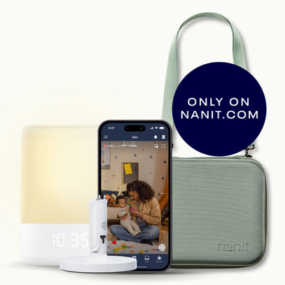 flex stand, nanit sound + light, nanit app, traveling light case in green oxford 