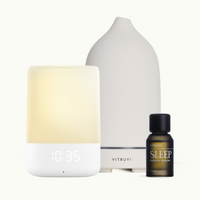 nanit sound + light sound machine, Vitruvi Stone Ceramic Diffuser, and Viturvi Sleep Essential Oil Blend